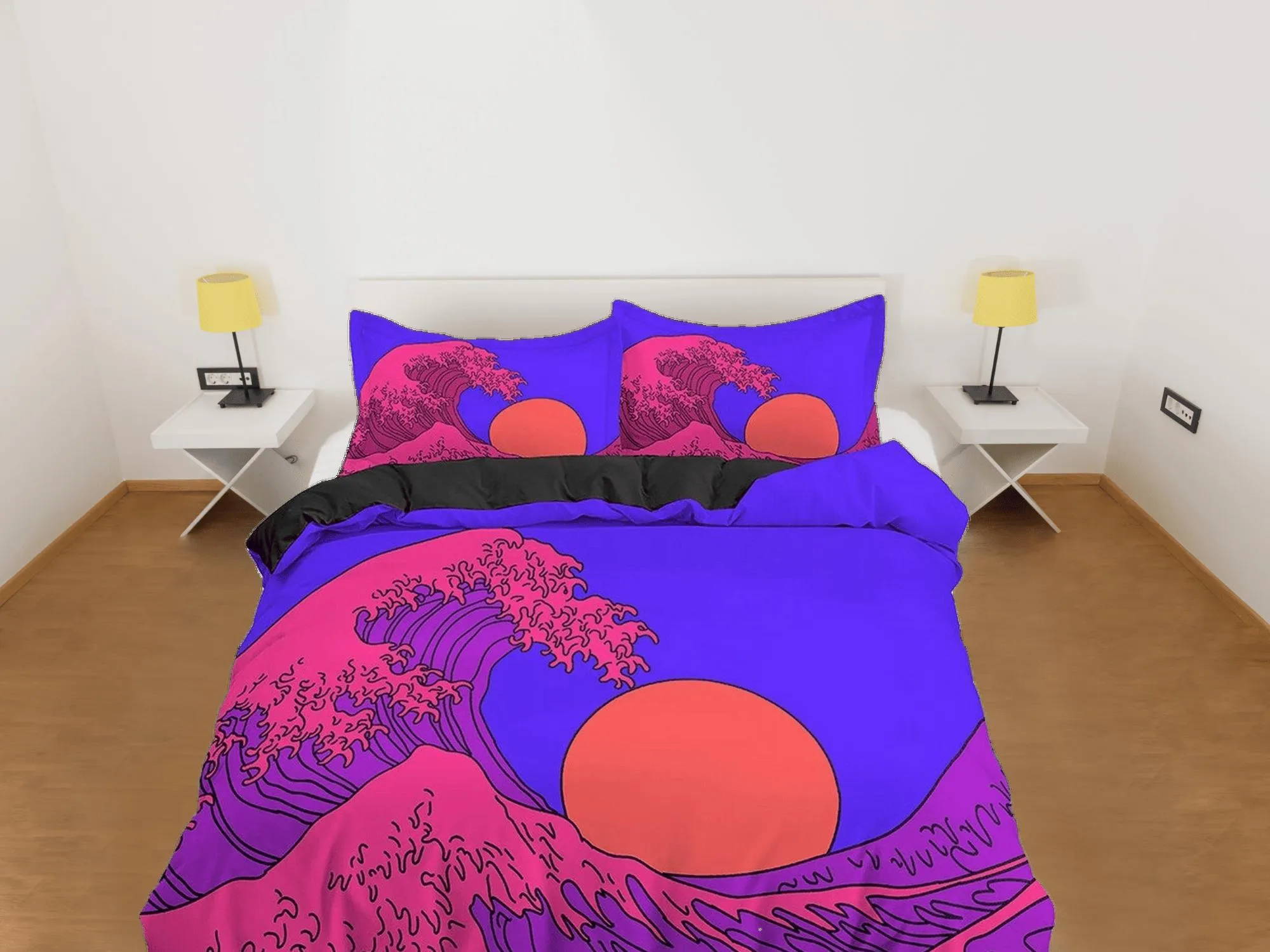 The Great Wave Bedding, Vaporwave Hippie Bedding, Japanese Duvet Cover Set, Aesthetic Purple Duvet Cover King Queen Full Twin Double Single