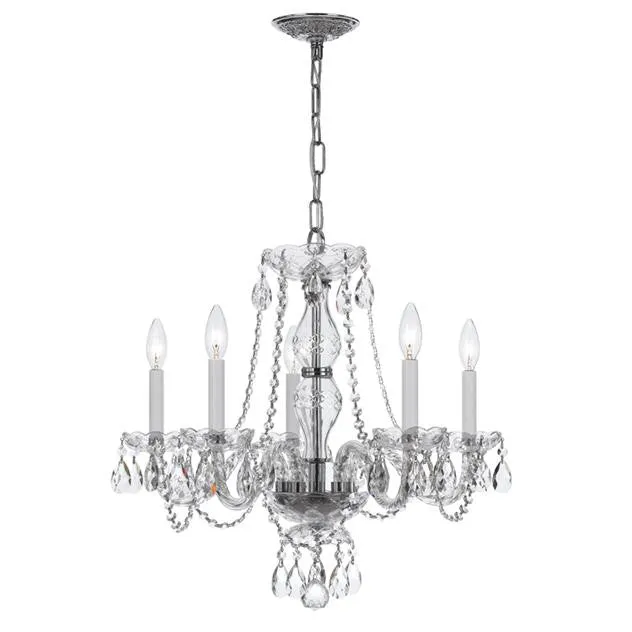 TRADITIONAL 5 LIGHT CRYSTAL CHANDELIER, POLISHED CHROME