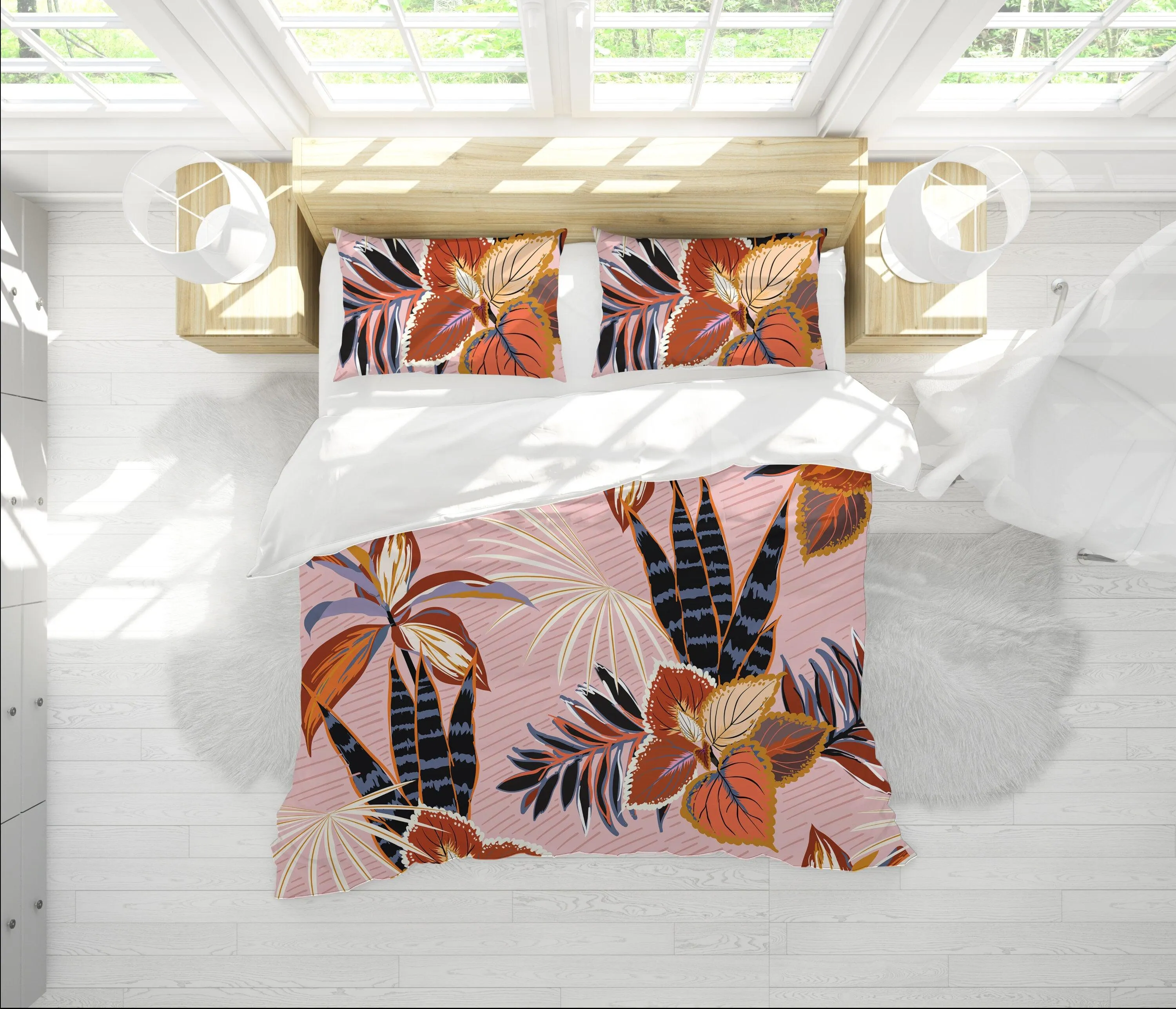 Tropical Theme Duvet Cover Set with Pillow Case | Peach Pink Bedding Set Full