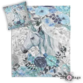 Turquoise Watercolor Flower Unicorn Decorative Throw and Pillow Cover Set