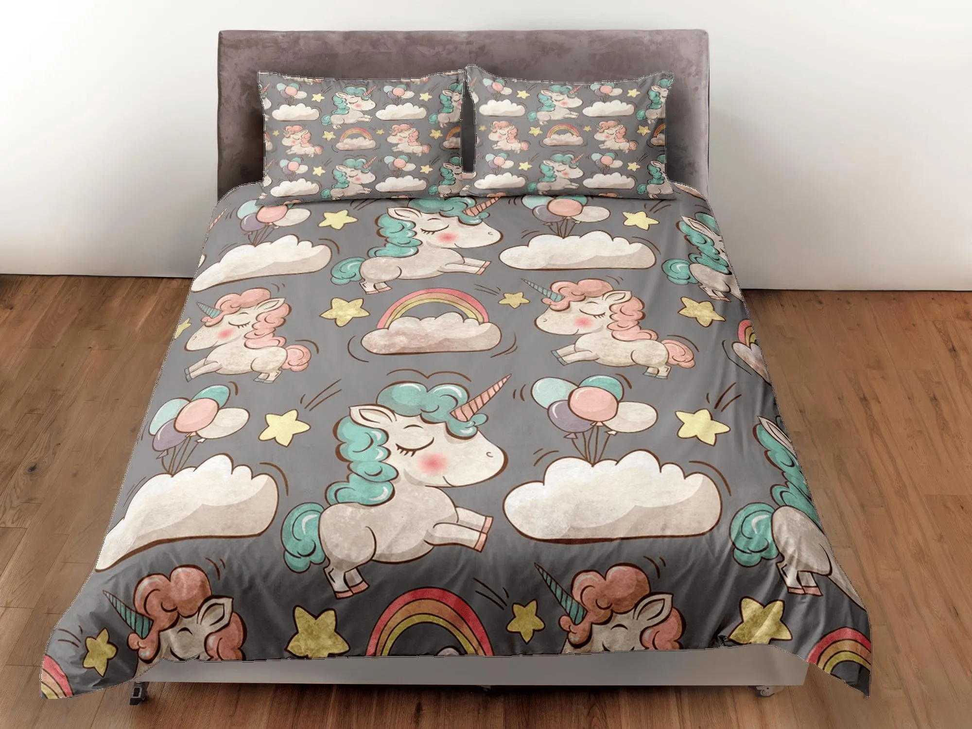 Unicorn Grey Duvet Cover Set Cute Bedspread, Animal Dorm Bedding with Pillowcase