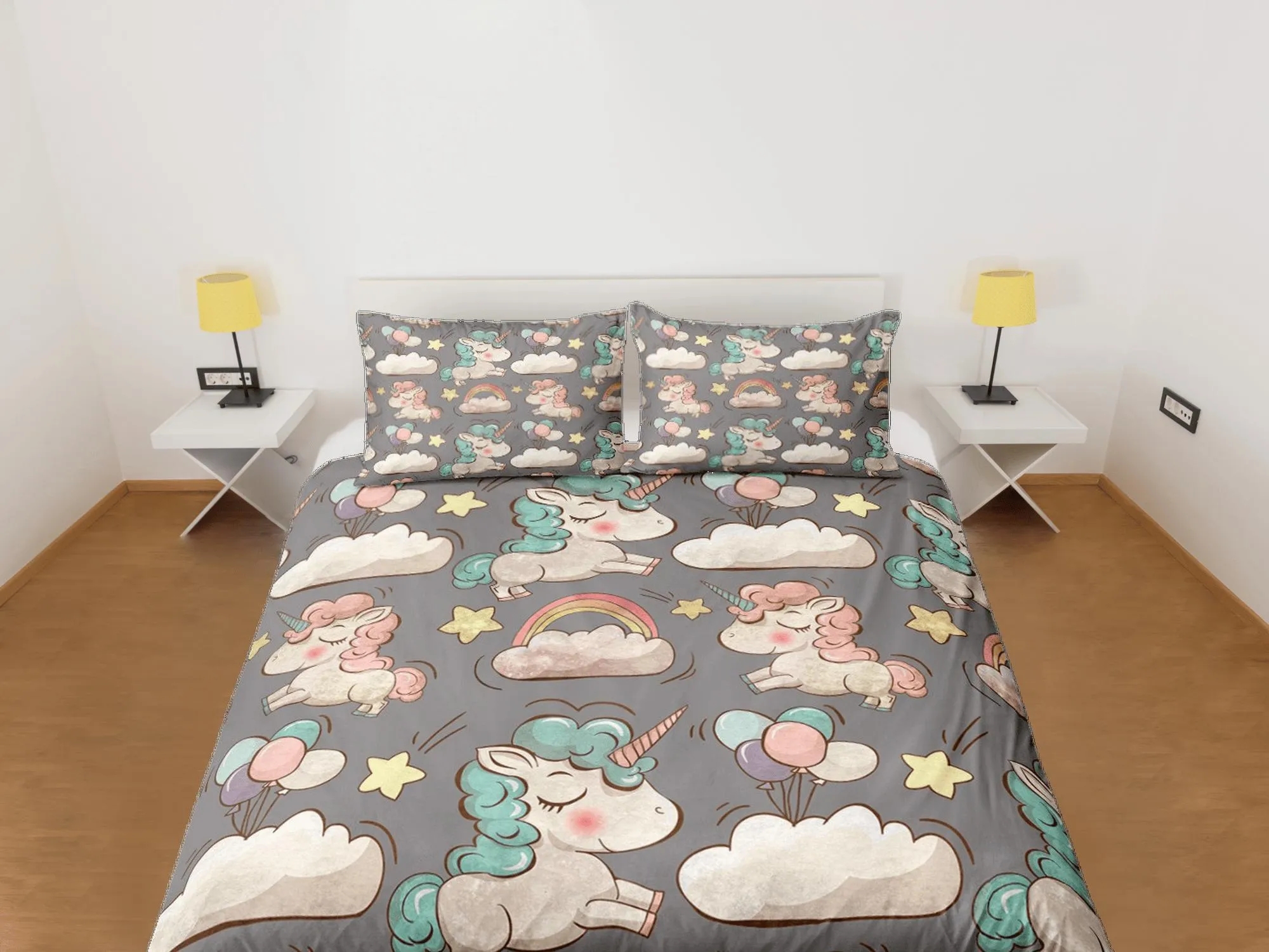 Unicorn Grey Duvet Cover Set Cute Bedspread, Animal Dorm Bedding with Pillowcase