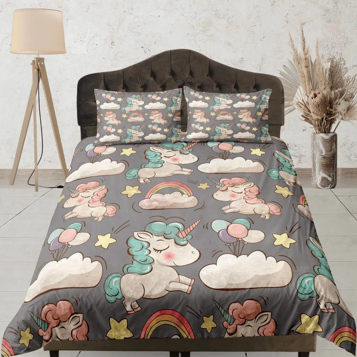 Unicorn Grey Duvet Cover Set Cute Bedspread, Animal Dorm Bedding with Pillowcase