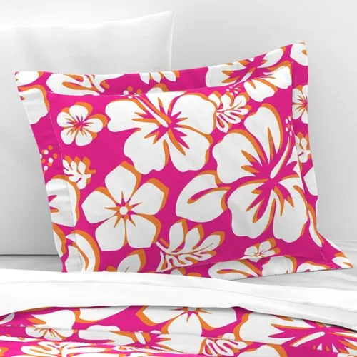 White and Orange Hawaiian Hibiscus Flowers on White Pillow Sham